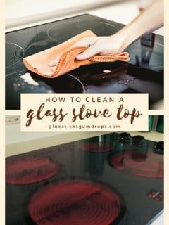 collage image with a hand wiping a glass stove top with a microfiber cloth on top and bottom image is red burners on a glass stove top